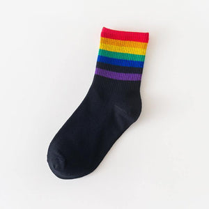 6 pair Black/White Rainbow Stripes Crew Socks - MoSocks