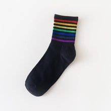 Load image into Gallery viewer, 6 pair Black/White Rainbow Stripes Crew Socks - MoSocks
