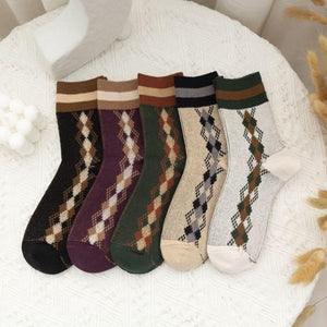 5 Pair Plaid Two Stripe Top Combed Cotton Crew Socks - MoSocks