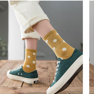 5 Pair White Polka Dot Cotton Blend Crew Socks - MoSocks