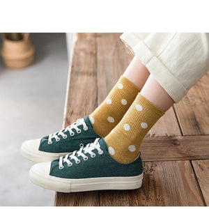 5 Pair White Polka Dot Cotton Blend Crew Socks - MoSocks