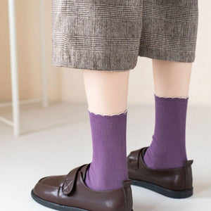 Ruffled Top Solid Color Cotton Crew Socks - MoSocks
