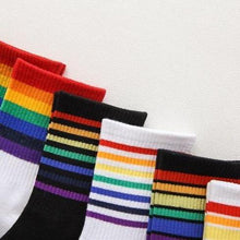 Load image into Gallery viewer, 6 pair Black/White Rainbow Stripes Crew Socks - MoSocks
