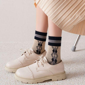 5 Pair Plaid Two Stripe Top Combed Cotton Crew Socks - MoSocks