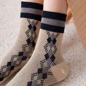 5 Pair Plaid Two Stripe Top Combed Cotton Crew Socks - MoSocks