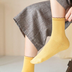 Ruffled Top Solid Color Cotton Crew Socks - MoSocks