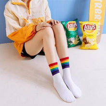 Load image into Gallery viewer, 6 pair Black/White Rainbow Stripes Crew Socks - MoSocks
