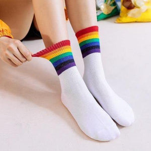 6 pair Black/White Rainbow Stripes Crew Socks - MoSocks